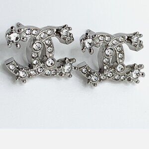 Authentic Chanel CC Earrings Silver With Crystals Brand New